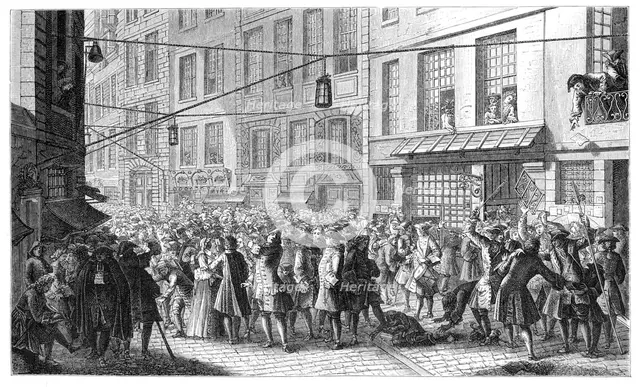 Quincampoix Street, Paris, 1718, (1885).Artist: Gaspard Duchange