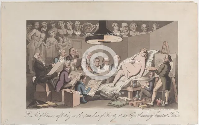 R.A.'s of Genius Reflecting on the True Line of Beauty, at the Life Academy Somers..., June 1, 1824. Creator: Thomas Rowlandson.