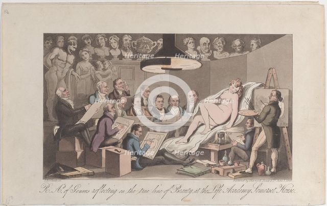 R.A.'s of Genius Reflecting on the True Line of Beauty, at the Life Academy Somers..., June 1, 1824. Creator: Thomas Rowlandson.