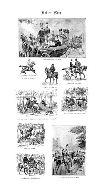 ''Rotten Row, Why we ride in the Row, Hyde Park', 1891. Creator: Unknown.