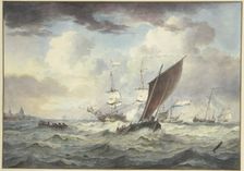 Rough sea with many ships, a large ship is loading a cannon, in front of it a boat...18th century. Creator: Leendert de Koningh