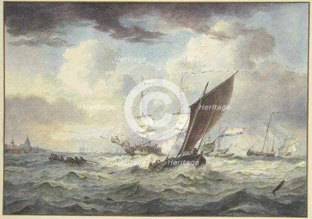 Rough sea with many ships, a large ship is loading a cannon, in front of it a boat...18th century. Creator: Leendert de Koningh.