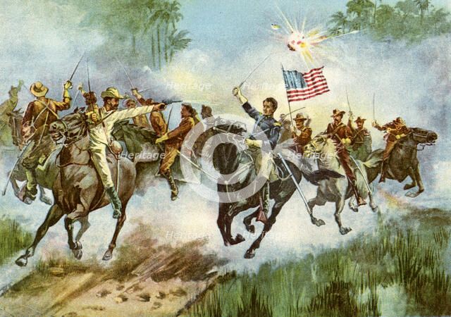 Rough Riders stampeding a Spanish outpost, Cuba, Spanish-American War, 1898. Artist: Unknown