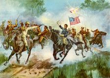 Rough Riders stampeding a Spanish outpost, Cuba, Spanish-American War, 1898