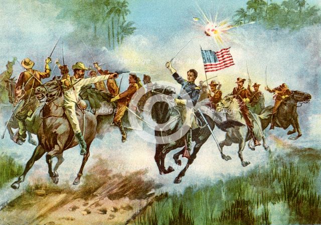 Rough Riders stampeding a Spanish outpost, Cuba, Spanish-American War, 1898. Artist: Unknown