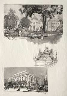 Rouen Illustré: La Musée; Fontaine St. Marie; Le Théâtre des Arts, 1896. Creator: Auguste Louis Lepère (French, 1849-1918)
