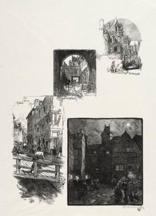 Rouen Illustré: Rue des Charretes; Rue de Halage; Rue Eau de Robec; Place des Arts, 1896. Creator: Auguste Louis Lepère (French, 1849-1918)