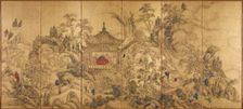 Roukaku Sansui Zu (Landscape with tower) Left of a pair of six-section folding screens, c. 1750. Artist: Ike no Taiga (1723-1776)