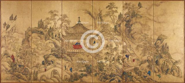 Roukaku Sansui Zu (Landscape with tower) Left of a pair of six-section folding screens, c. 1750. Artist: Ike no Taiga (1723-1776)