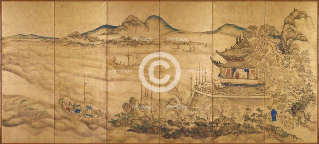 Roukaku Sansui Zu (Landscape with tower) Right of a pair of six-section folding screens, c. 1750. Artist: Ike no Taiga (1723-1776)