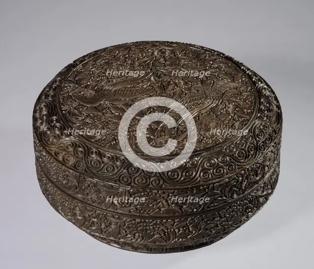 Round Box with Decoration of Two Pheasants and Peonies, late 1200s. Creator: Unknown.