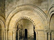 Round-headed archway with chevron ornament in the lower chapel, Dover Castle, Kent, c2000s(?)
