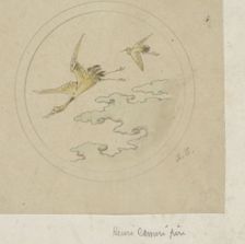 Round medallion with a double framework with two flying cranes above clouds, c.1864-c.1894. Creator: Henri Cameré