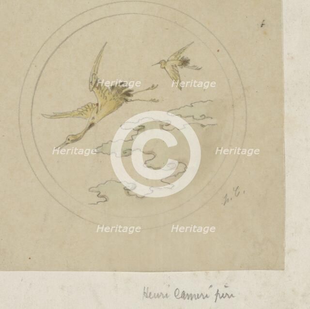 Round medallion with a double framework with two flying cranes above clouds, c.1864-c.1894. Creator: Henri Cameré.