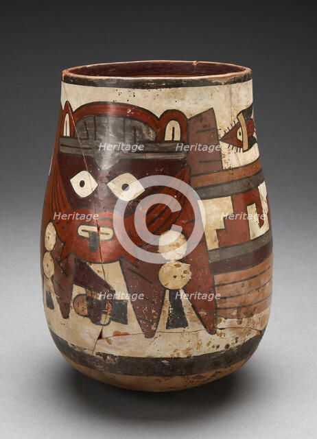 Rounded Beaker Depicting Masked Figure Holding Decapitated Head, 180 B.C./A.D. 500. Creator: Unknown.