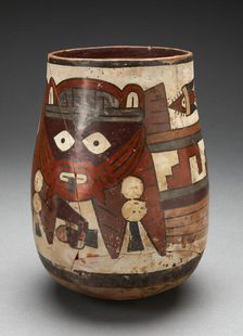 Rounded Beaker Depicting Masked Figure Holding Decapitated Head, 180 B.C./A.D. 500. Creator: Unknown