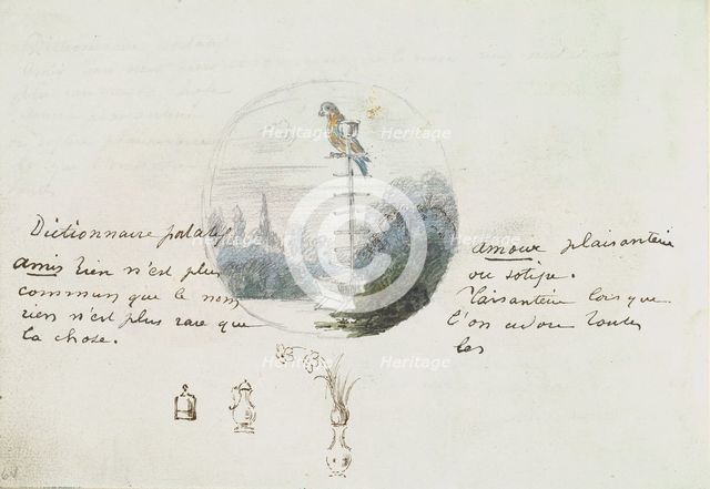 Roundel with Bird in a Landscape and Small Sketches, ca. 1785-90. Creator: Anon.