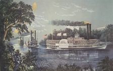 Rounding A Bend On The Mississippi, Steamboat Queen of the West, pub. 1866
