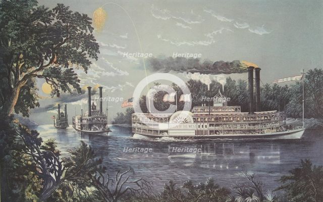 Rounding A Bend On The Mississippi, Steamboat Queen of the West,  pub. 1866