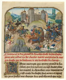 Roussillon Going to Martel's Aid; Histoire de Charles Martel, written 1463-65; illuminated 1467-72. Creators: Loyset Liedet, Pol Fruit