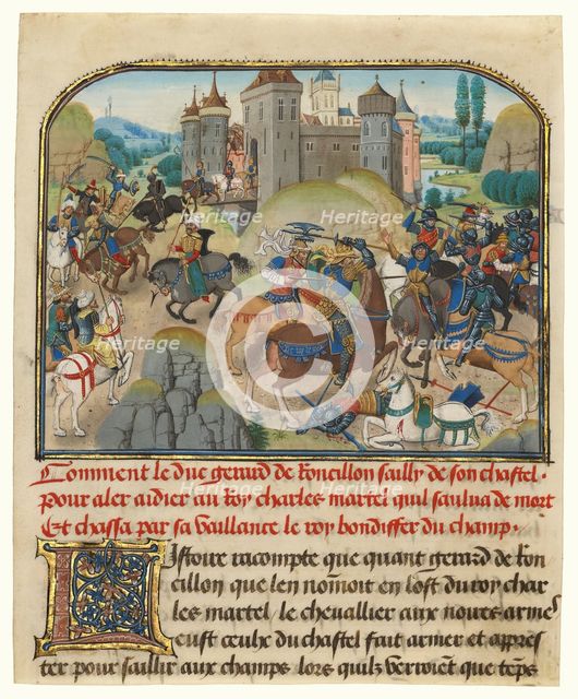 Roussillon Going to Martel's Aid; Histoire de Charles Martel, written 1463-65; illuminated 1467-72. Creators: Loyset Liedet, Pol Fruit.