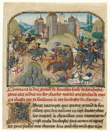 Roussillon Going to Martel's Aid; Histoire de Charles Martel, written 1463-65; illuminated 1467-72. Creators: Loyset Liedet, Pol Fruit