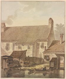 Row of houses by the water, two boats with a fisherman in front. Creator: Johannes H. Knoop