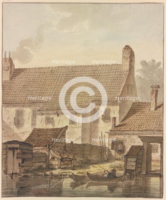 Row of houses by the water, two boats with a fisherman in front. Creator: Johannes H. Knoop.