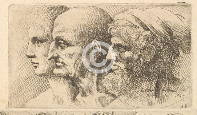 Row of three heads in profile to left, 1645. Creator: Wenceslaus Hollar.