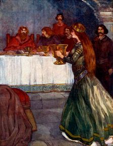 Rowena came into the room carrying a beautiful golden cup c430 AD, (1905). Artist: A S Forrest