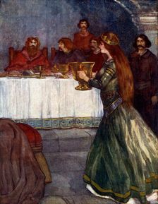 Rowena came into the room carrying a beautiful golden cup c430 AD, (1905). Artist: A S Forrest