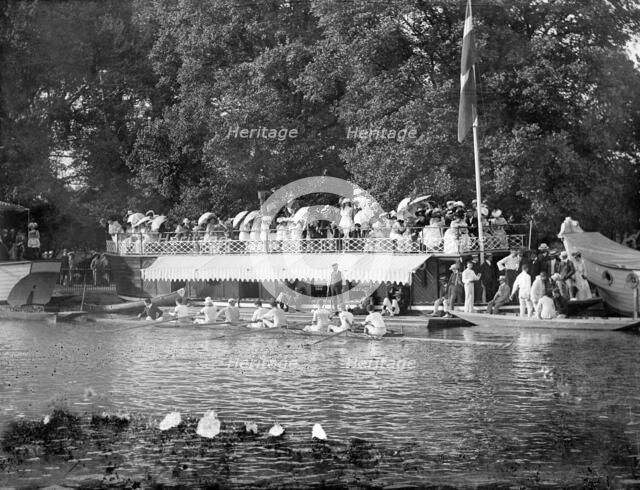 Rowing crew preparing for a boat race, watched by spectators, Oxford, Oxfordshire, c1860-c1922. Artist: Henry Taunt