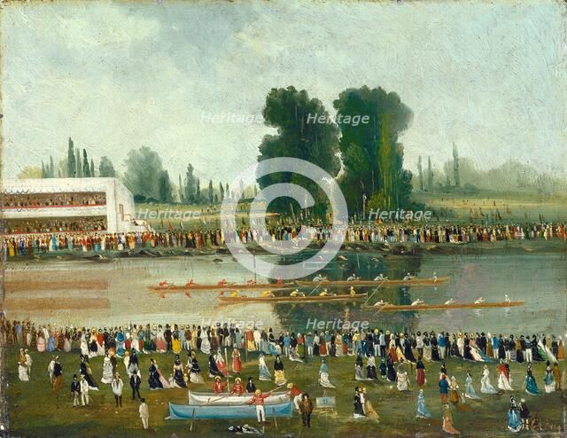 Rowing Scene: Crowds Watching from the River Banks, late 19th century. Creator: E. Levy.