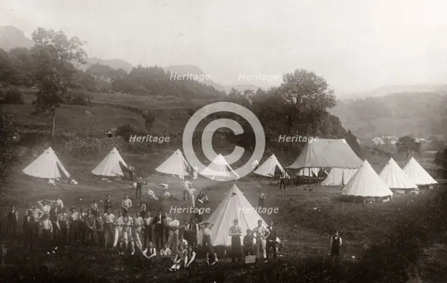 Rowntree boys assemble by their tents,  Coniston, Cumbria, summer 1913. Artist: Unknown