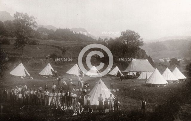 Rowntree boys assemble by their tents,  Coniston, Cumbria, summer 1913. Artist: Unknown