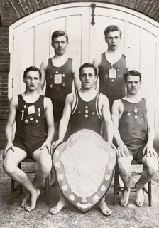 Rowntree boys life-saving team pose with the Faber Life-Saving Trophy, 1912