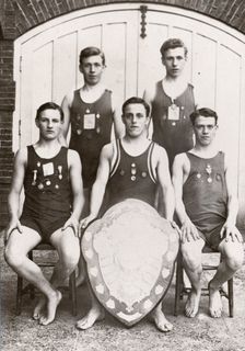 Rowntree boys life-saving team pose with the Faber Life-Saving Trophy, 1912