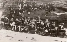 Rowntree boys on an outing sit on a rocky outcrop ,Filey Brig, Yorkshire, June 1911