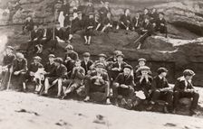 Rowntree boys on an outing sit on a rocky outcrop ,Filey Brig, Yorkshire, June 1911