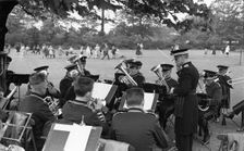 Rowntree Brass Band play at garden party, Alne Hall, Yorks, 24 May 1958