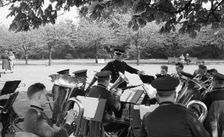 Rowntree Brass Band play at garden party, Alne Hall, Yorks, 24 May 1958