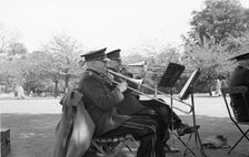 Rowntree Brass Band play at garden party, Alne Hall, Yorks, 24 May 1958
