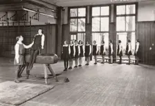 Rowntree girls in an indoor gymnastics class, 1930