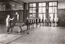 Rowntree girls in an indoor gymnastics class, 1930