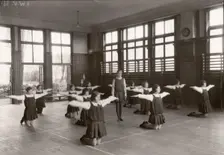 Rowntree girls in an indoor gymnastic class, 1930
