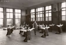 Rowntree girls in an indoor gymnastic class, 1930