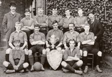 Rowntree Football Club 1st team pose with trophy and cup, York, Yorkshire, 1902