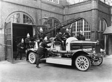Rowntree works fire brigade with their engine, Rowntree factory, York, Yorkshire, 1933