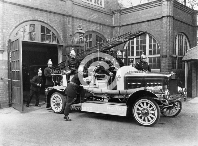 Rowntree works fire brigade with their engine, Rowntree factory,  York, Yorkshire, 1933. Artist: Unknown