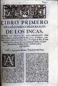 Royal Commentaries of Garcilaso de la Vega, first page of Book First